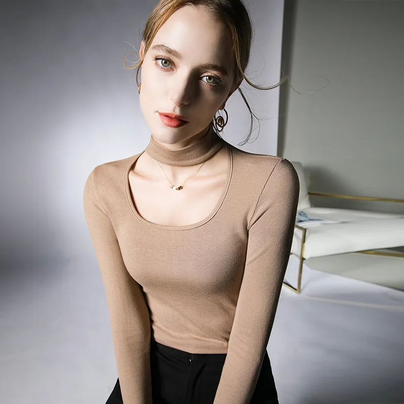 MadBlack European Clothes Tshirt Women Sexy Hollow Out Slim Knit Tops Full Sleeve Elastic Tees Autumn Winter New 2023 T41131JM