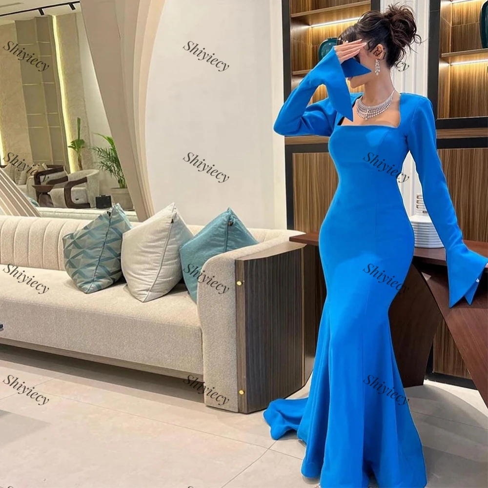 Vestido moderno de costas abertas, Manga comprida, Colarinho quadrado, Ocasiões formais na Arábia Saudita, Sereia Jersey, Vestidos de baile, Azul, 2024