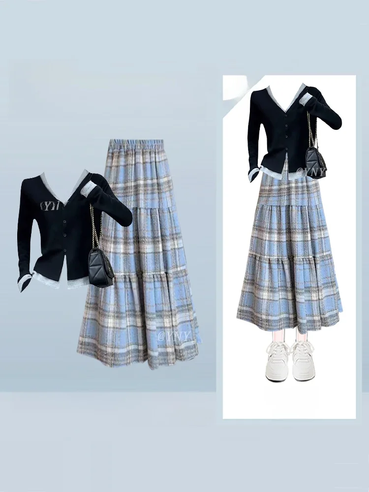 Feminino malha v-ne ort sve camisola e saia xadrez conjunto casual sle bla base irt outono faion outfit