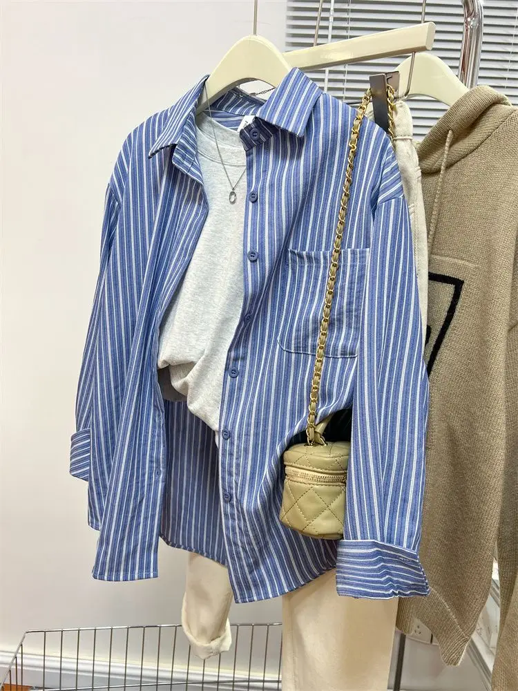 Large Size 300 Pounds Fat Mm Blue Striped Shirt Jacket Design Sense Niche Lazy Loose Shirt Long Sleeved Top