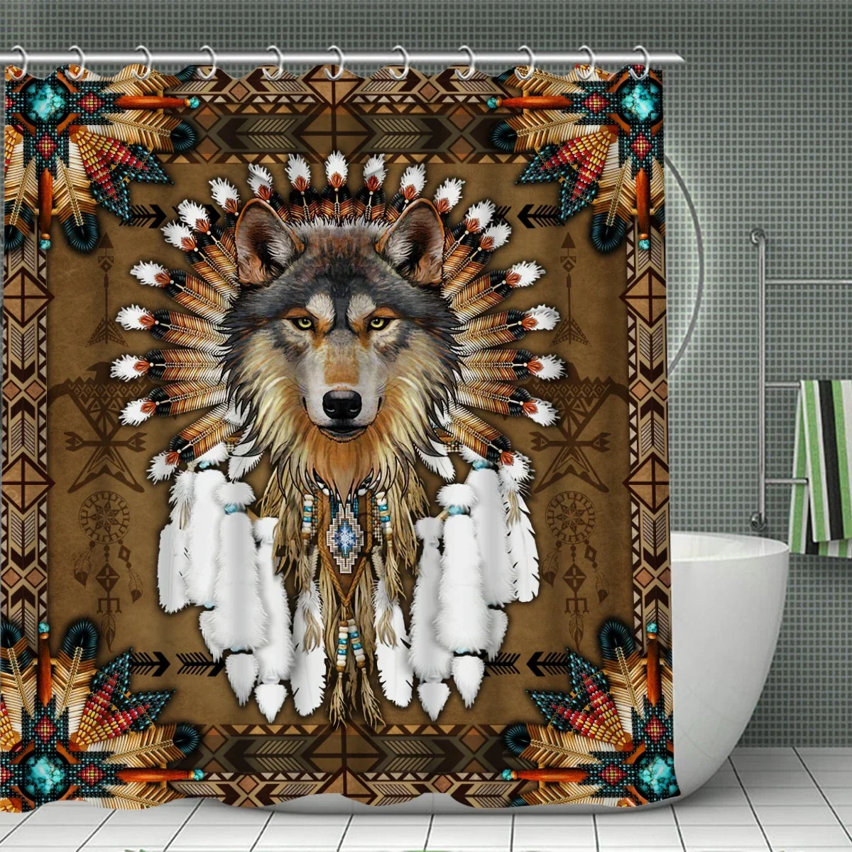 Wolf Tribe Aboriginal American Style Bathroom Set Waterproof Shower Curtain Non-slip Carpet Toilet Cover U-shaped Mat Decoration