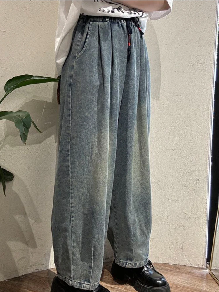 Amax LuluE printemps britannique Vintage jean ample femmes mode classique Denim pantalon femmes décontracté élégant taille élastique pantalon