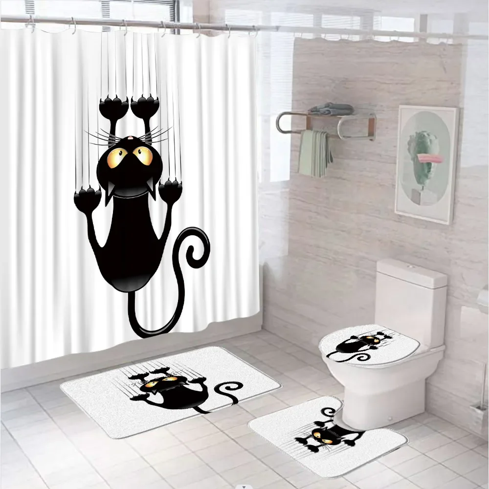 Cartoon Black Cat Pet Shower Curtain Sets Non-Slip Rug Bath Mat Toilet Lid Cover Cute Funny Lovely Animal Kids Bathroom Curtains