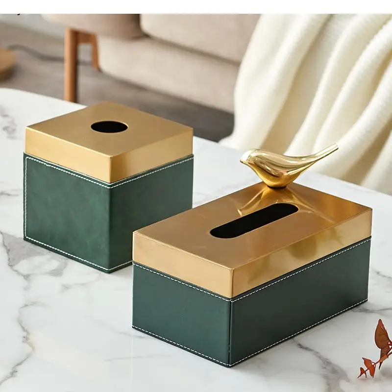 

Nordic Light Luxury Tissue Box Decoration High-end Household Golden Metal Leather Drawer Living Room