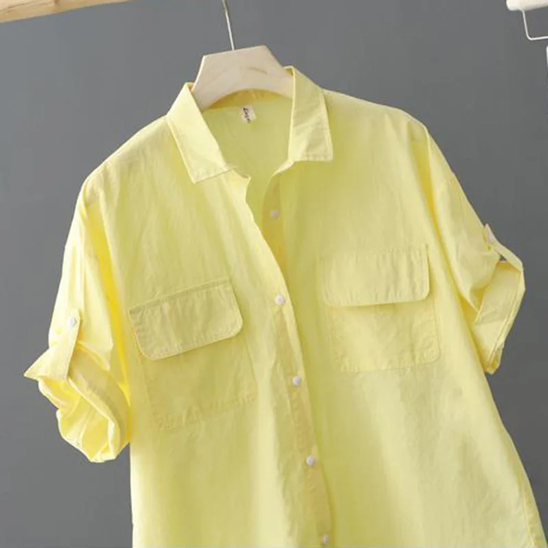 Yelow Solid Casual Cotton Polo-Neck Single Breasted Short Sleeve Women\'s Blouse Shirt Korean Fashion Female Clothing Tops 2024