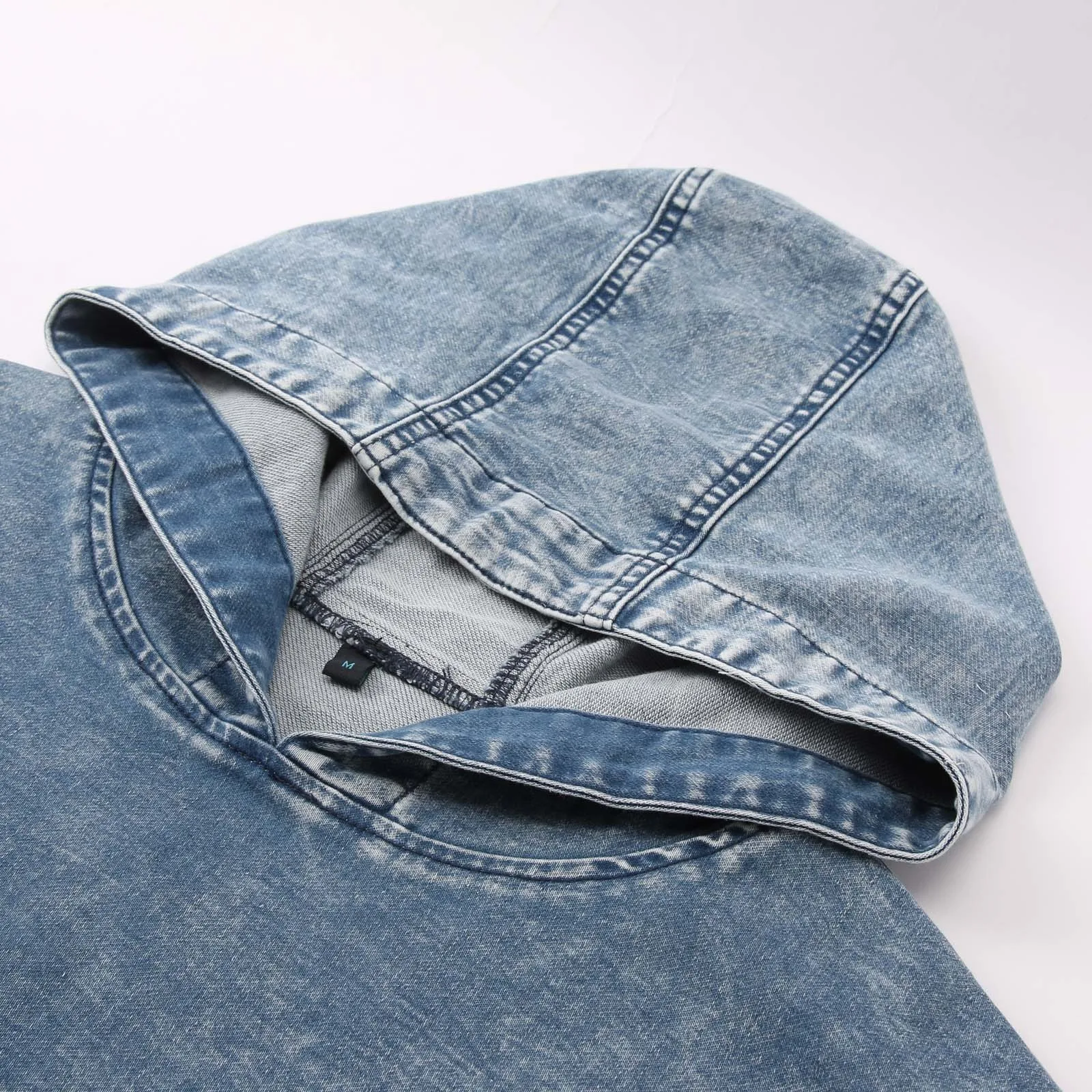 Retro Washed Denim Hoodies Blue Oversized Jeans Hoodie Solid Color Long Sleeve Vintage Distressed Sweatshirt