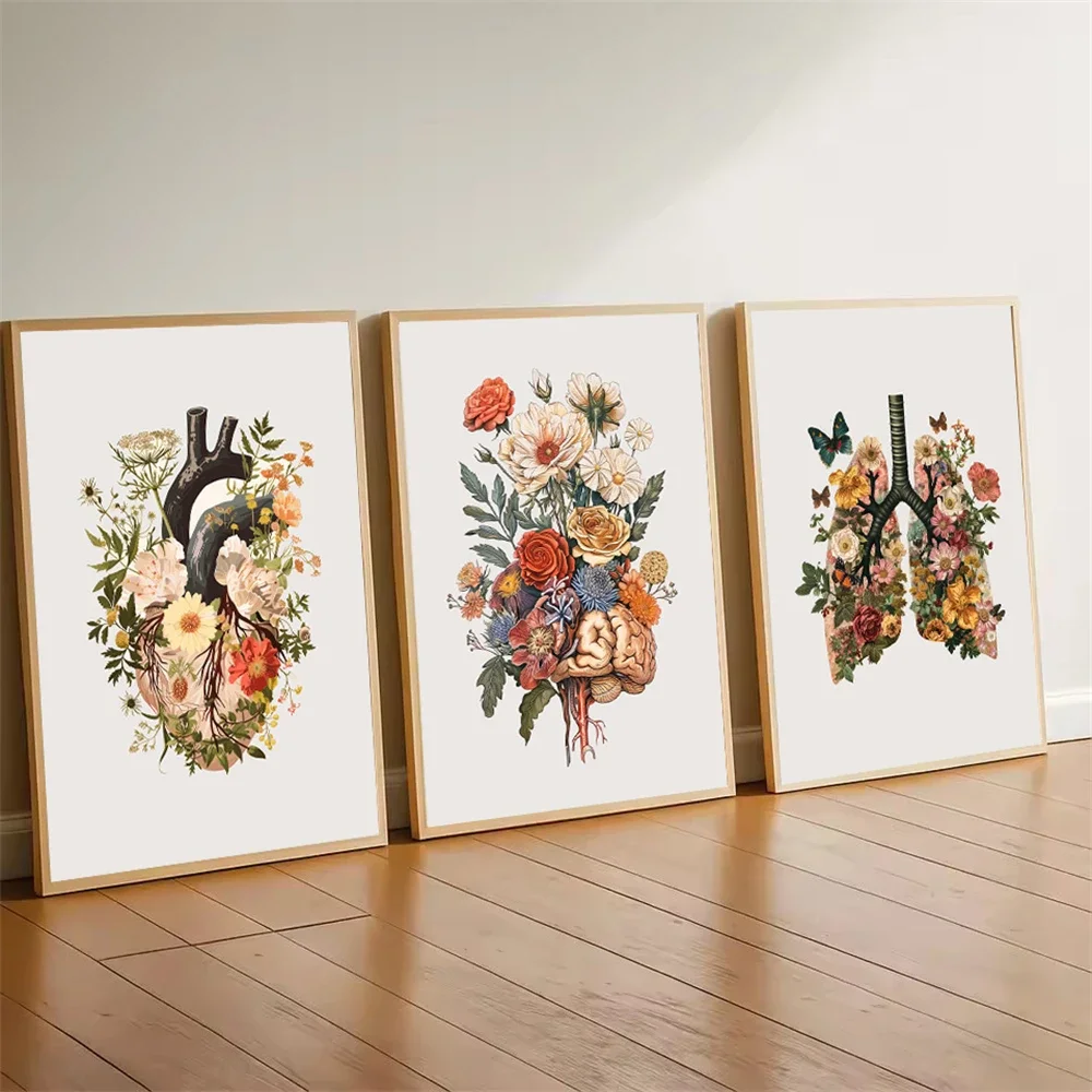 Vintage Human Anatomy Heart Lung Brian Posters Wall Art Canvas Painting Medical Print Plant Floral Wall Pictures Clinic Decor view 2