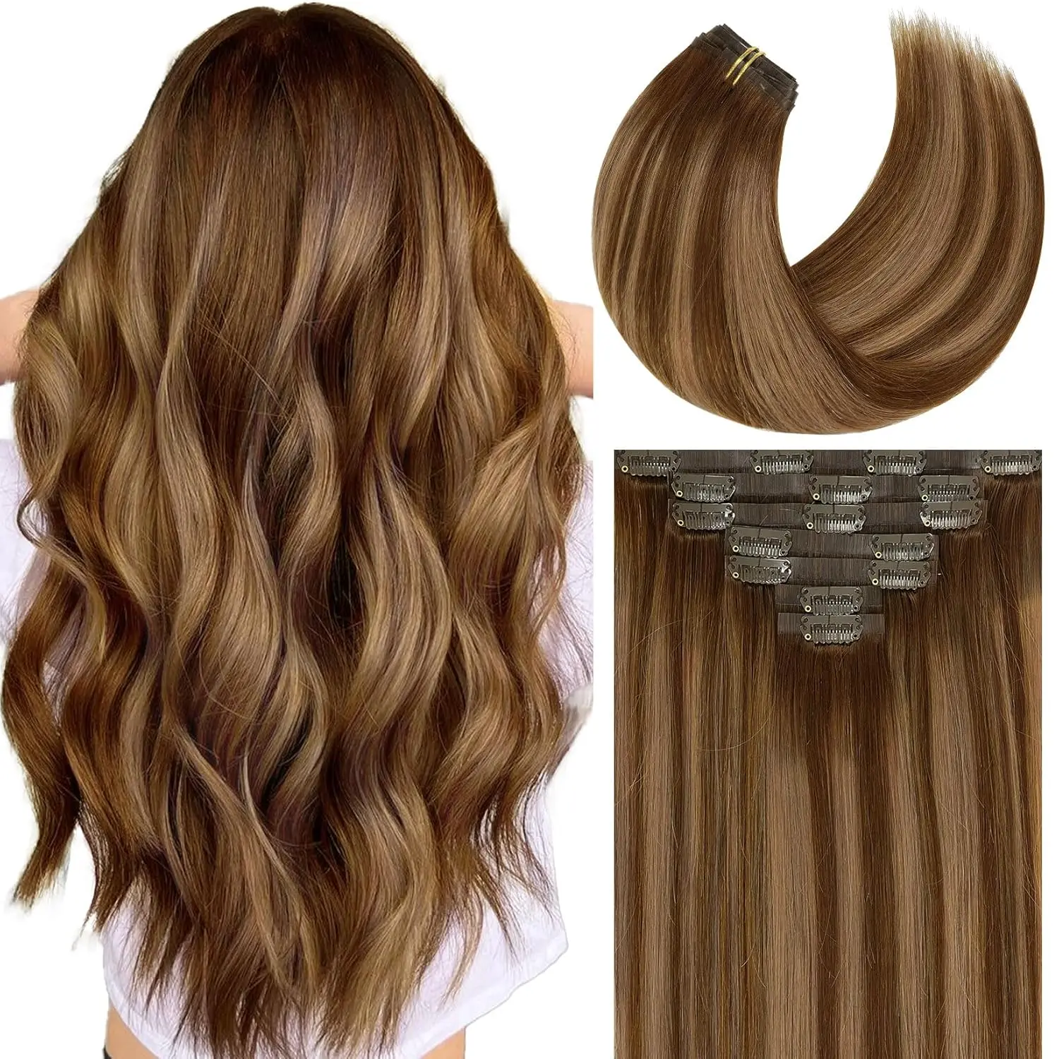 Caliee Brown Clip In Hair Extensions Real Human Hair Invisible Pu Weft Clip In Hair Extensions R4-4/27 Highlighted Chocolate