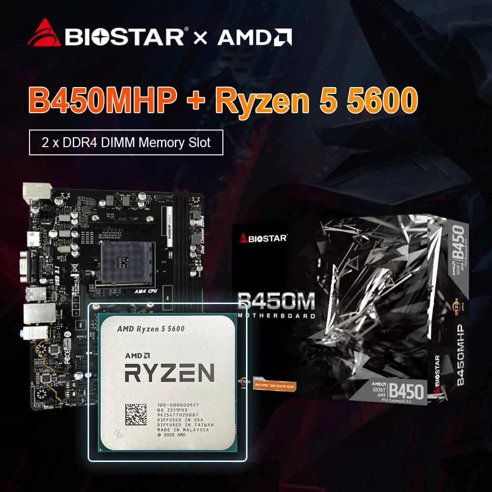 BIOSTAR-placa base para juegos Ryzen 5 5600 R5 5600 +, 3,5 GHz, AM4, DDR4, 32GB, AMD, B450, Micro ATX