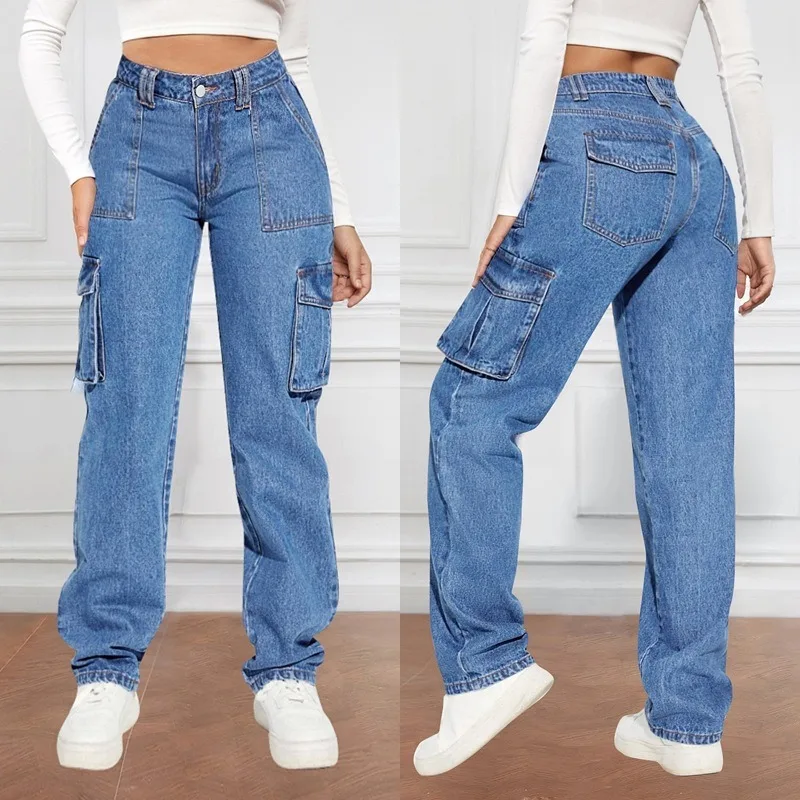 Grote Damesjeans Amerikaanse Retro Mid-Taille Tooling Jeans Met Meerdere Zakjes Dames Casual Rechte Broek S-2XL