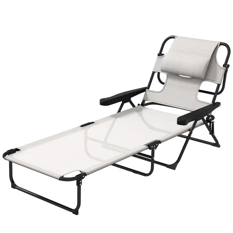 Foldable garden lounger with 4-position adjustable backrest, reading hole and headrest, 72 x 194 x 89 cm, cream