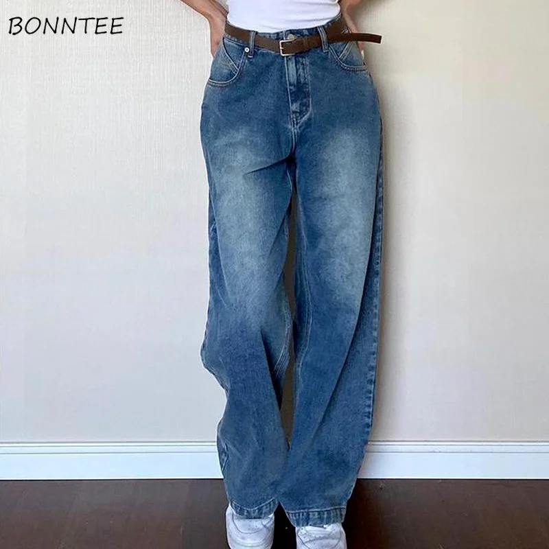 

BF Jeans Women Baggy Korean Style Fashion High Waist Simple Distressed Spring Autumn Young Streetwear Stylish Wide-leg Feminine