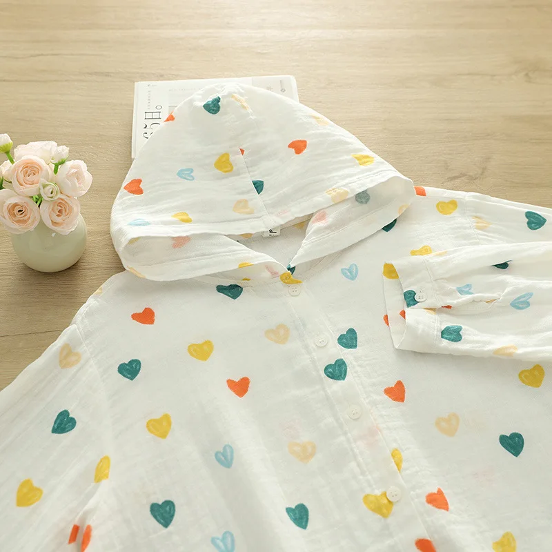 New 2025 Autumn Cotton Hooded Shirt, Women Long Sleeve Love Print, Mori Girl Sweet Japan Style Sunscreen Loose Blouse T57816CC