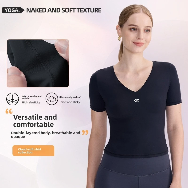 Women V‑Neck Slim Crop Yoga Top Short Sleeve Cloud Soft High Elastic Breathable Fitness Gym Summer Sports Top