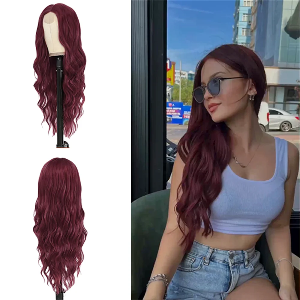 New Long Burgundy Wavy Wig For Women 26 Inch Middle Part Wine Red Curly Wig Natural Looking Synthetic Heat Resistant Fiber Wig