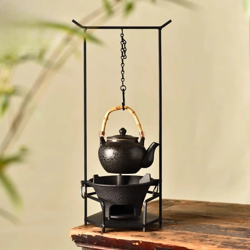 Tao Mi nuevo juego de tetera con estufa cerrada de estilo chino, gancho de marco de hierro ajustable, olla colgante para salón de té, agua hirviendo, elevación