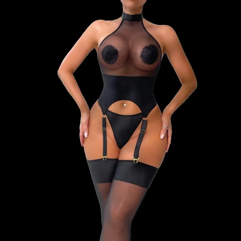 Tornova Erotic Bodysuit Sexy See-through Jumpsuit Halterneck Straps Lace Garter Stockings Set Black Hollow Sexy Women Lingerie