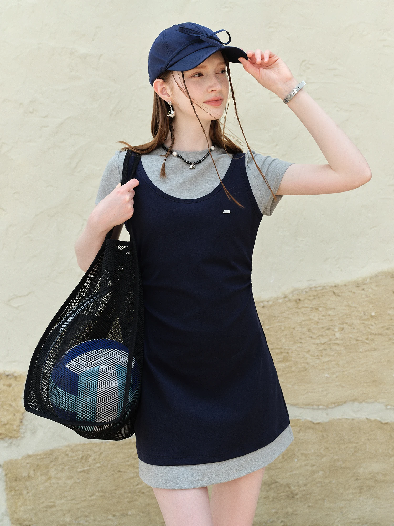 FSLE College Style Navy Blue Contrast Color Stitching Fake Two-piece Dress Female Summer 2025 New Style Dress 25FS12835