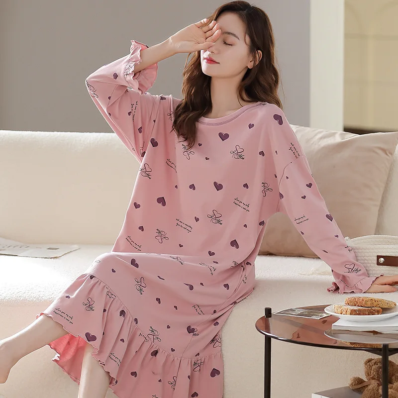 

Cute Female Cotton Nightgown Sweet Princess Casual Women Loungewear Night Wear Plush Size Pajamas Long Sleeve Nightdress