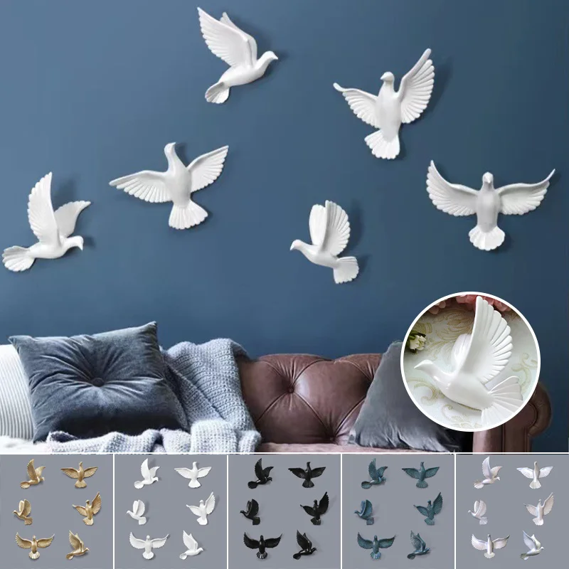 6pcs/set Resin Flying Birds Figurines Wall Hanging Simulation Pigeon Sculptures Sparrow Ornaments Handicraft Home Decoration