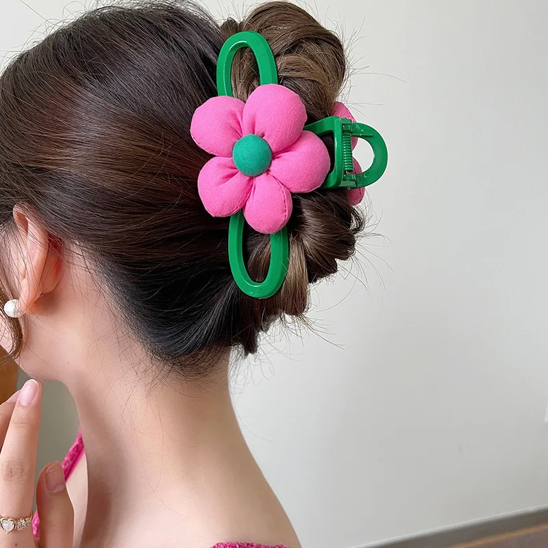 Advanced Sense, Contrasting Colors, Sweet Flowers, Green, Oversized, Grab Clip, Cute Hair Accessory At The Back Of The Head