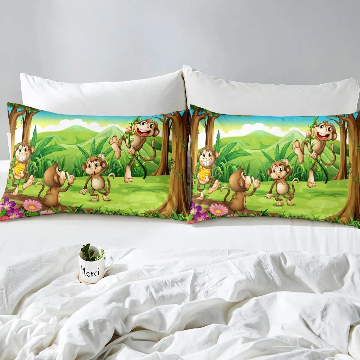 Imagem -03 - Lençol de Macaco Conjuntos de Cama de Animais Fofos de Desenho Animado Decoração Natural Lençóis de Cama Rústicos Tema de Jardim Coleção de Cama