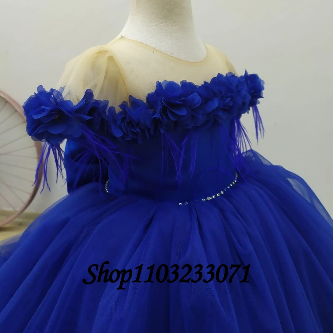 Royal Blue Flower Baby Girl Dress Train Beaded Bow Little Kids Princess Girls Wedding Birthday First Communion Party Dress