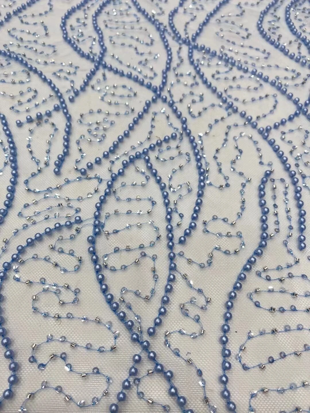 African Mesh Fabrics Materials Embroidery For Women Clothes Party Dresses White Sequins Beaded Lace Fabric By 5Yards Meters