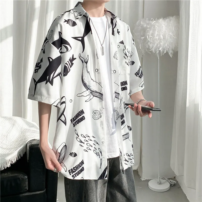 Men's Summer Handsome Short Sleeve Shirt Loose Cartoon Printed Hawaiian Beach Shirt Coat Fashion Casual Half Sleeve Tops
