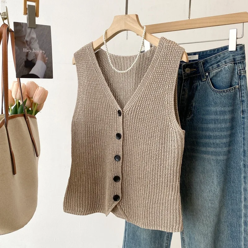 Dave&di 26 Spring/summer New Product High Intelligence Vest V-neck And Paper Sand Coarse Needle Texture Stacked Sleeveless Tank 2