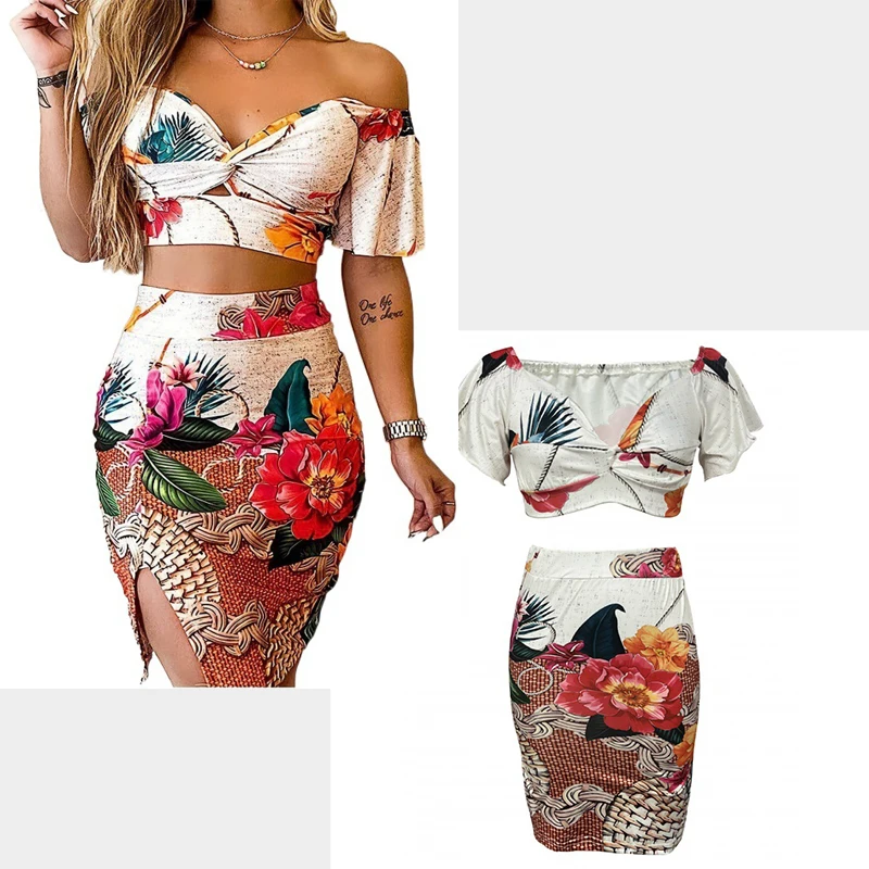 2025 Sexy Slim Fit Off Shoulder Top Printed Sexy Slit Hip Hugging Skirt Two-piece Set