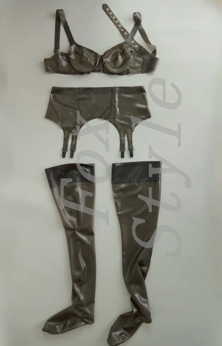 sexy rubber latex underclothes suit(bar+stocking+suspenders garters) in transparent black