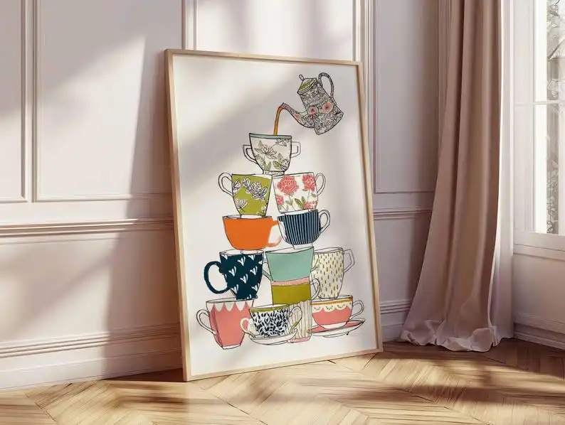 Abstract Whimsical Tea Cups Canvas Wall Art Print, Frameless Modern Colorful Kitchen Canvas Poster for Living Room Decortion