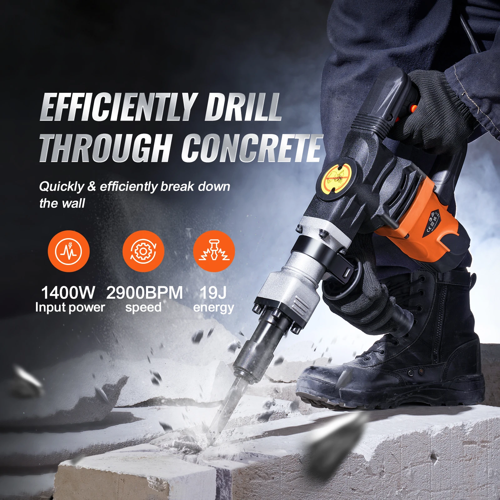 SucceBuy 1400W รื้อถอนแจ็คค้อนไฟฟ้า Jackhammer Heavy Duty 2900 BPM คอนกรีต Breaker 2pcs Chisels Bits Chipping