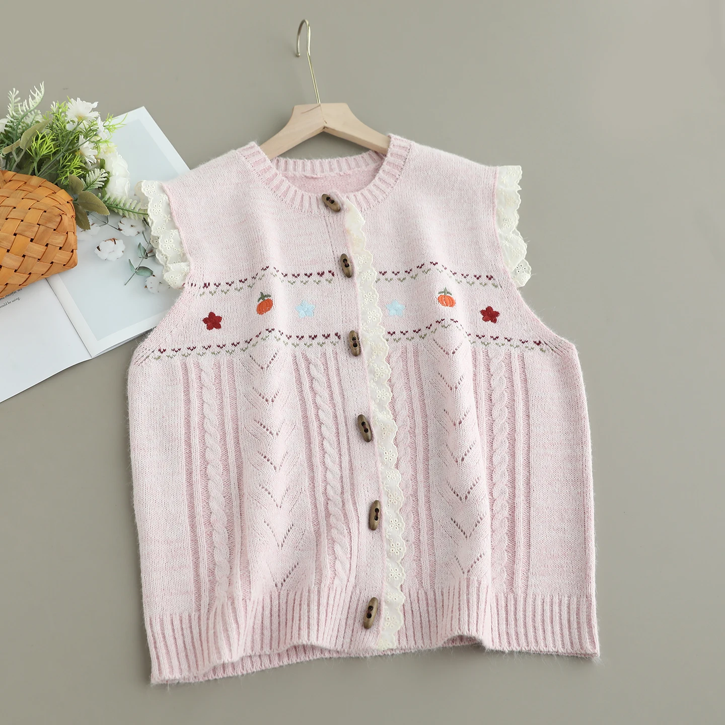 

Japanese Sweet Mori Girl Candy Color Flower Embroidery Knitted Sweater Vest Women Autumn Sleeveless Horn Button Vest Outwear Top