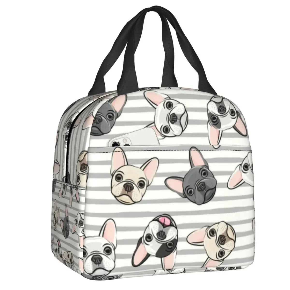 Cute French Bulldogs Stripes Lunch Bag Women Thermal Cooler Insulated Lunch Box for Kids School Children