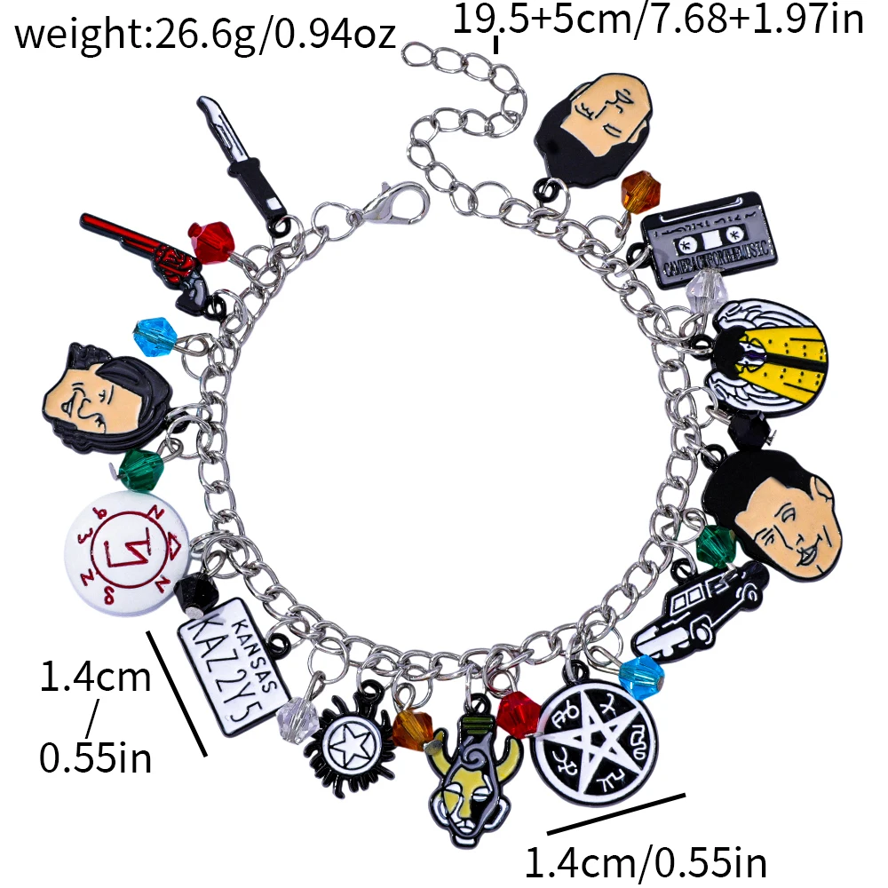 Supernatural TV Show Themed Charm Bracelet with Winchester Brothers Castiel Anti-Possession Symbol Impala And Colt Gun Charms