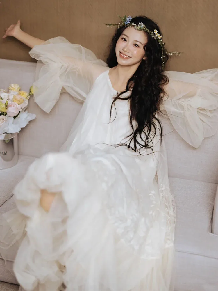 

Ele High Waist Long Dr Morning Robe Forest System Wedding Dr for Women Bride to Be Travel Photoaphy White Dr