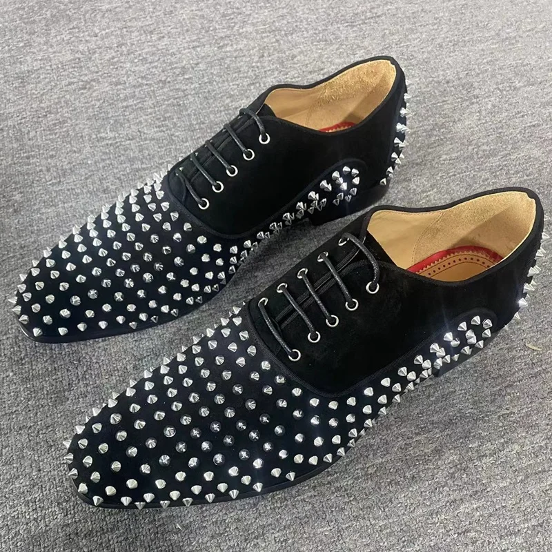 

Classic Fashion Silver Rivets Shoes Men Black Suede Leather Oxford Dress Shoes Handmade Lace-up Party And Prom Mens Shoes
