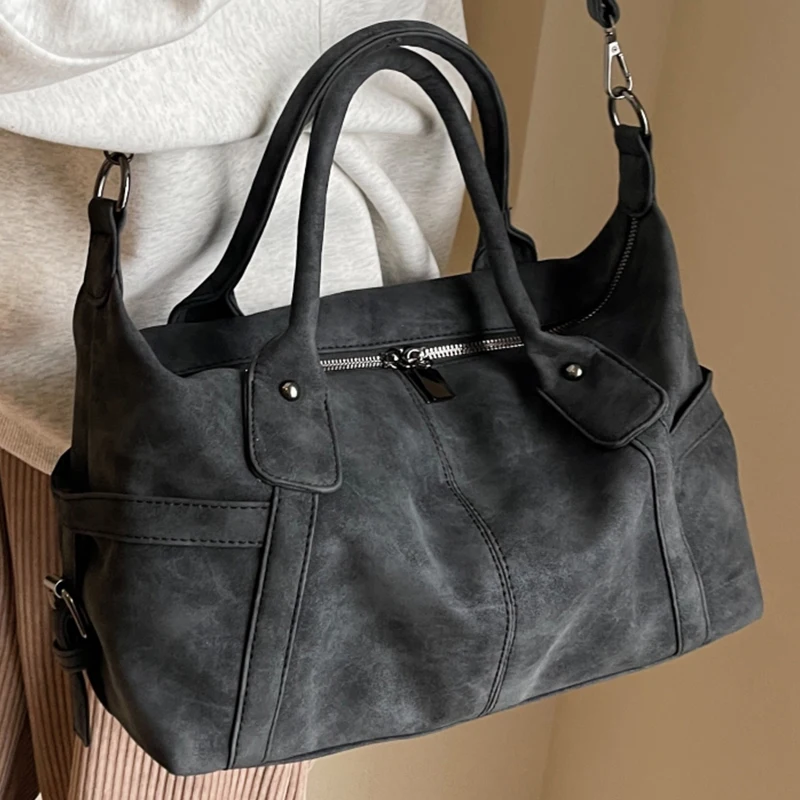 Women\'s Black Suede Shoulder Bag Vintage Multi Pocket Roomy Female Commuter Crossbody Bags Quality Nubuck Leather Ladies Handbag