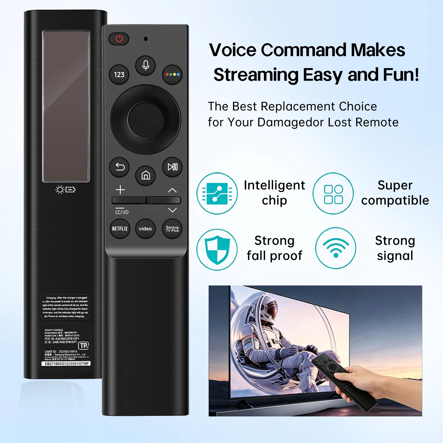 Solar Charging BN59-01363A Voice Remote, Compatible Samsung QLED 4K/8K, Crystal/NEO QLED UN UE MU Series