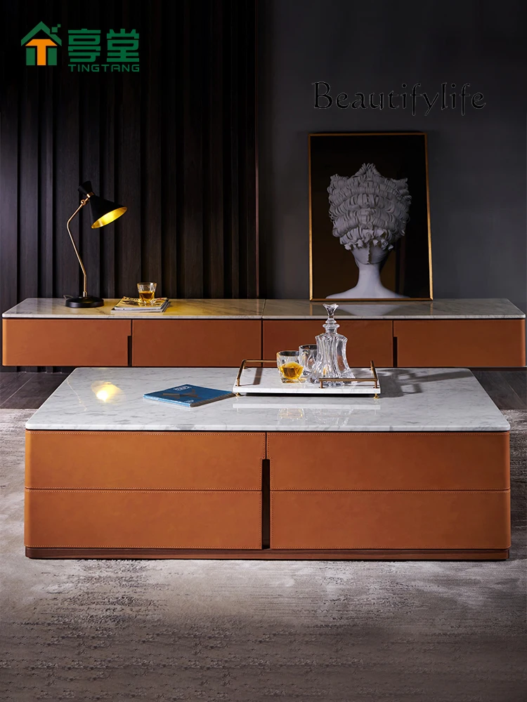 Italian Mild Luxury Marble Coffee Table Designer Model Living Room Modern Simple Home Saddle Leather Tea Table