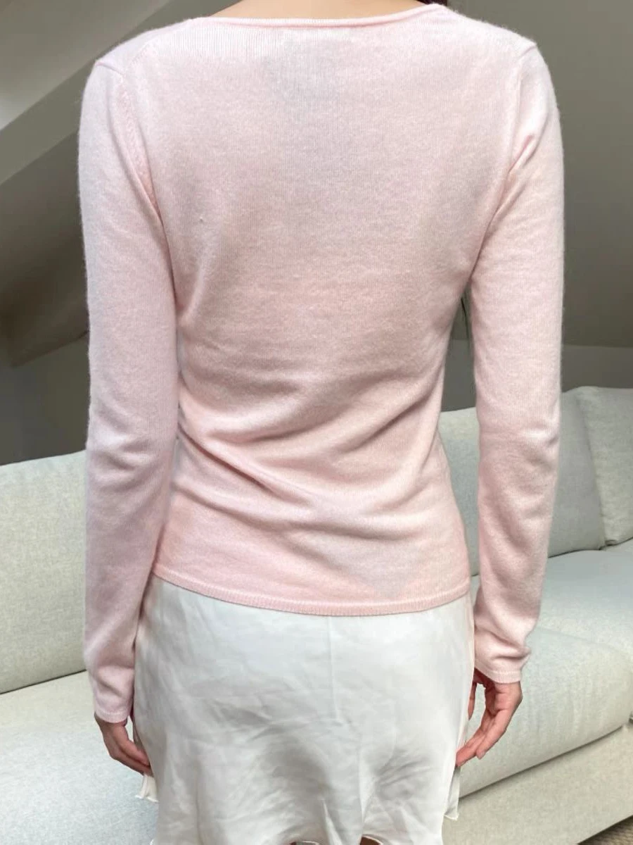 Sweet Pink Knitted Long Sleeve T-Shirt Woman Autumn V-Neck Cotton Slim Tee Shirt Preppy Style Knitwear Cute Tshirts 2024 Y2k New