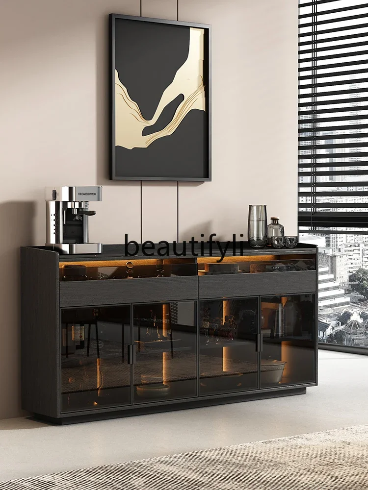 

Modern simple rock slab dining side cabinet Solid wood household side cabinet Against the wall Black tea cabinet