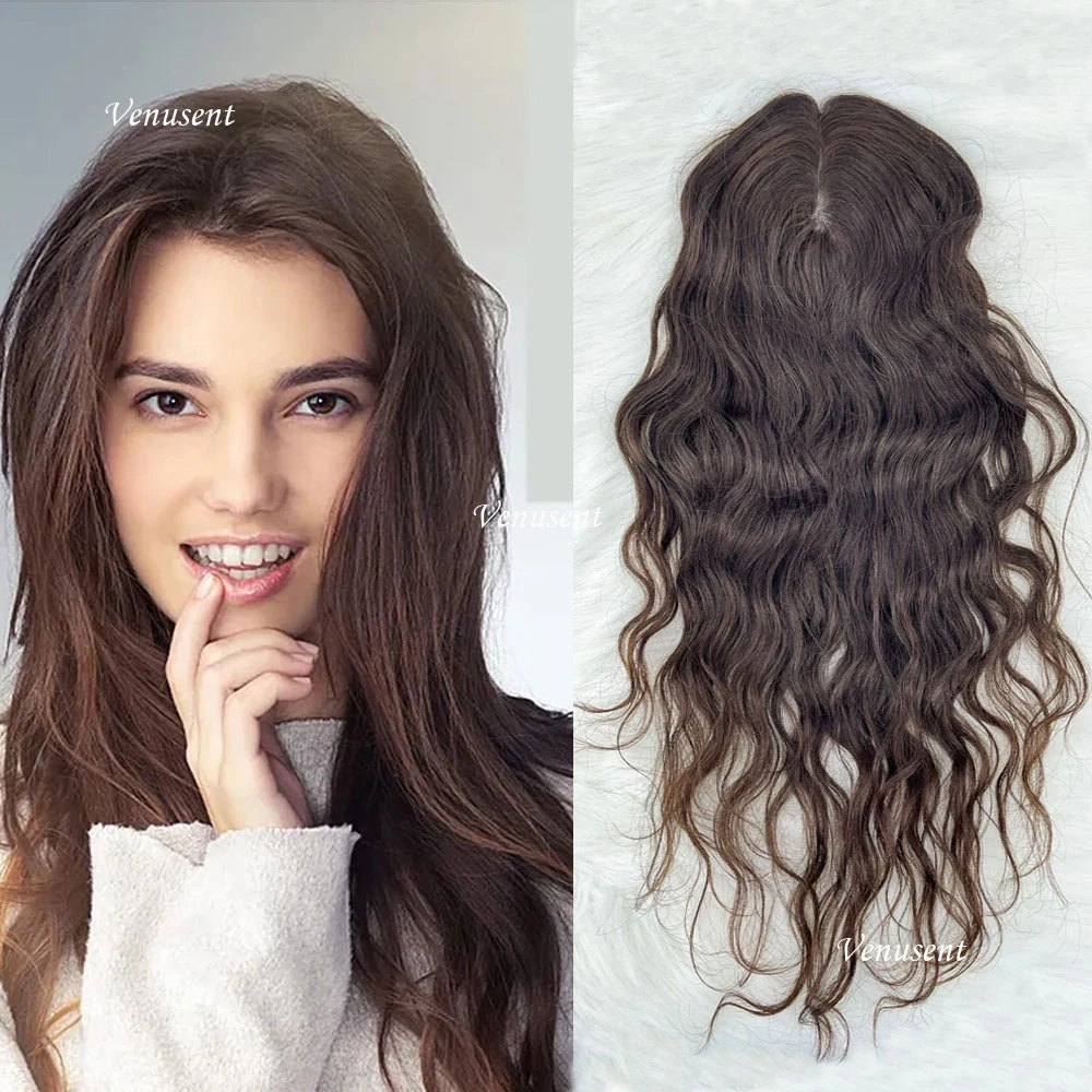 Dark Brown Silk Base Human Hair Topper with Clips in Virgin European Hair Natural Wave Silk Top Women Toupee for Thinning Hair