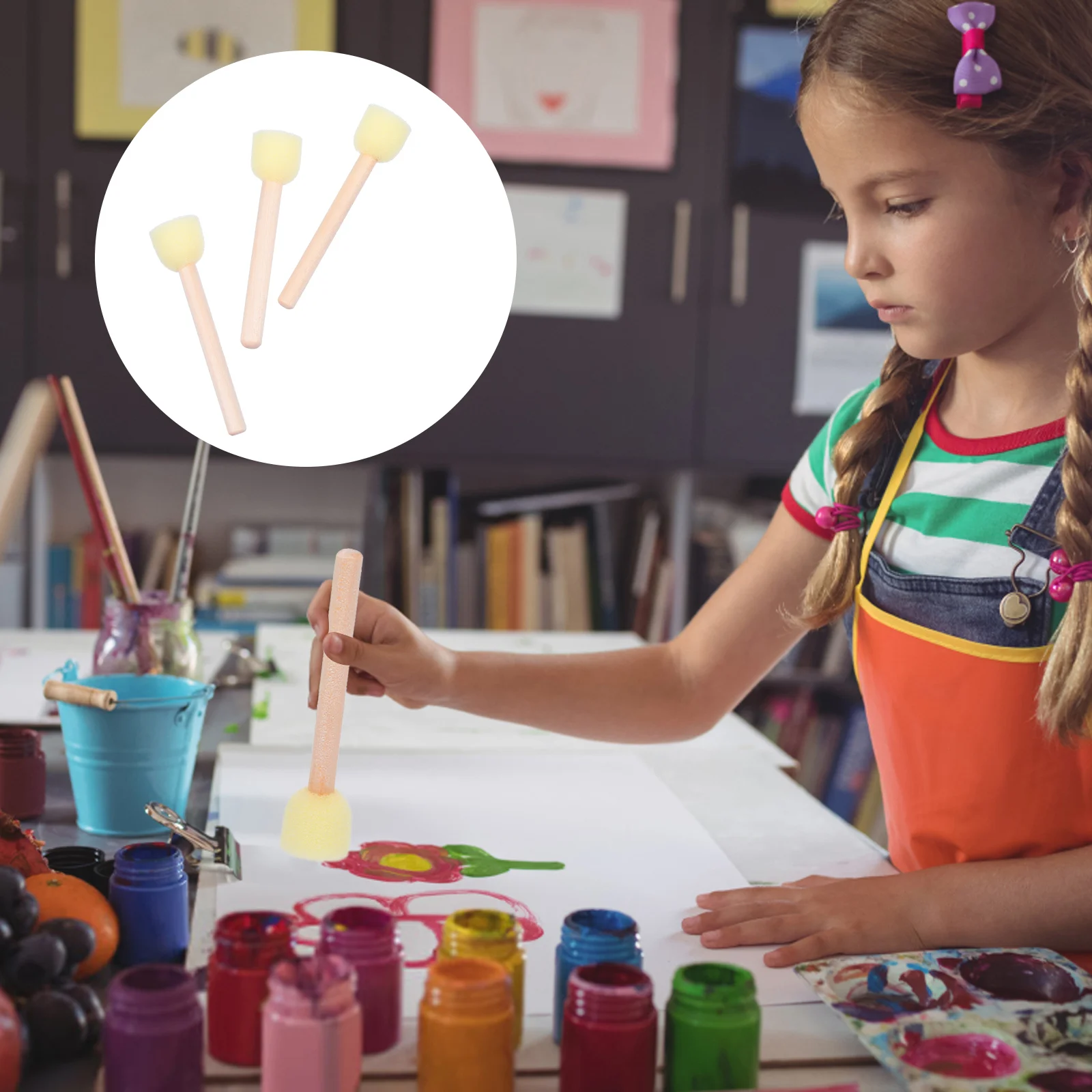 Sponge Foam Brush Kids Painting Tools for Crafts Children Drawing Wooden Handle