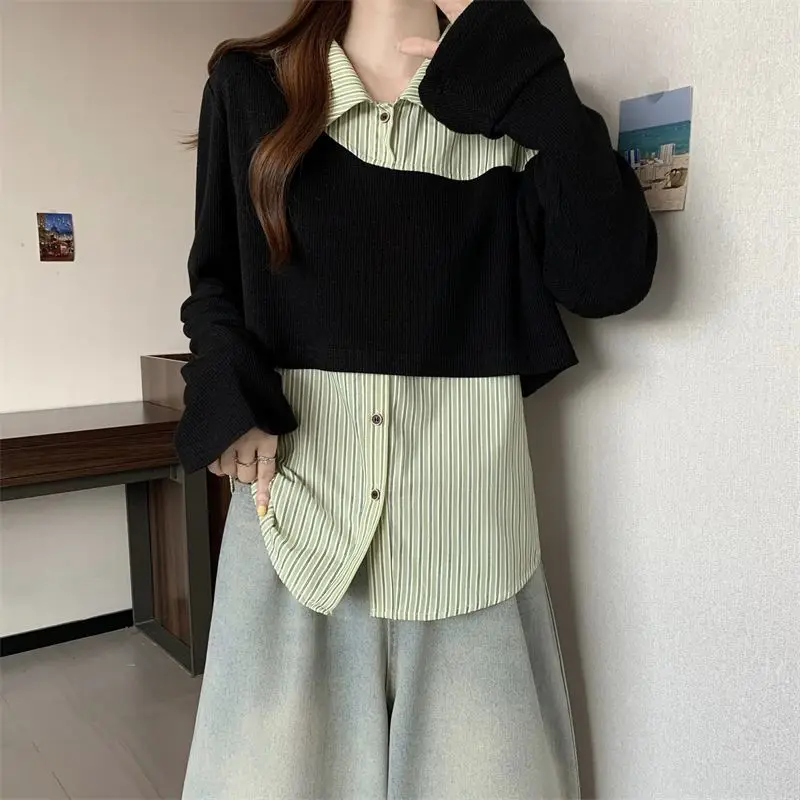 قميص مخطط بأزرار مخططة على الطراز الصيني الجديد للنساء بأكمام جرس وألوان متباينة فضفاضة ومتعددة الاستخدامات #3