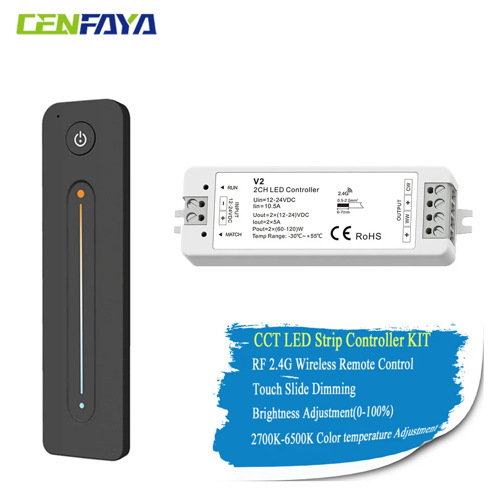 

2.4G V2 Smart Led Controller DC 12V 24V 2CH Dimmer CCT Dual White Strip Brightness Adjustment Wireless RF Dimming Remote Control