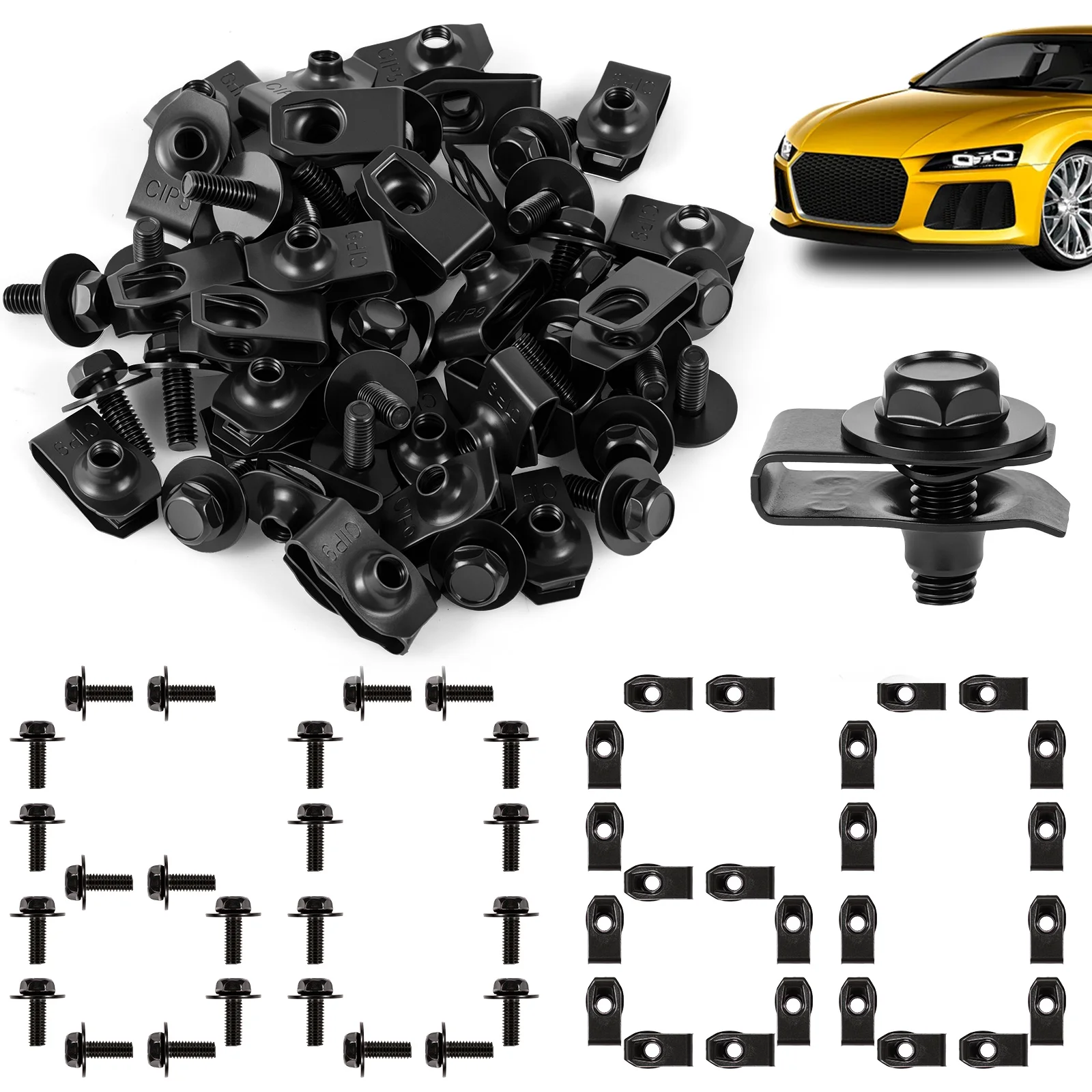 Body Bolt Kit M6 U Nut Clip Kit Fender Bumper Fastener Radiator Support Body Panel Retainer For Car Trim Repair 120PCS