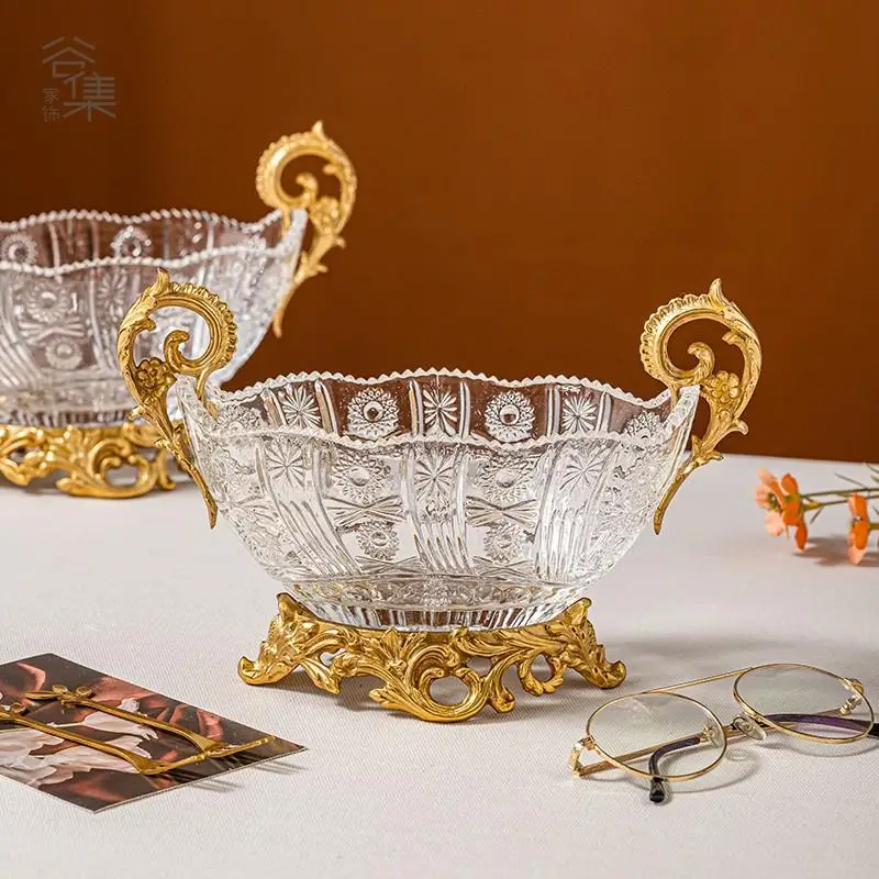 Crystal Glass Fruit Bowl Vintage Brass Fruit Plate Living Room Desktop Coffee Table Storage Tray Home Decoration Ornaments